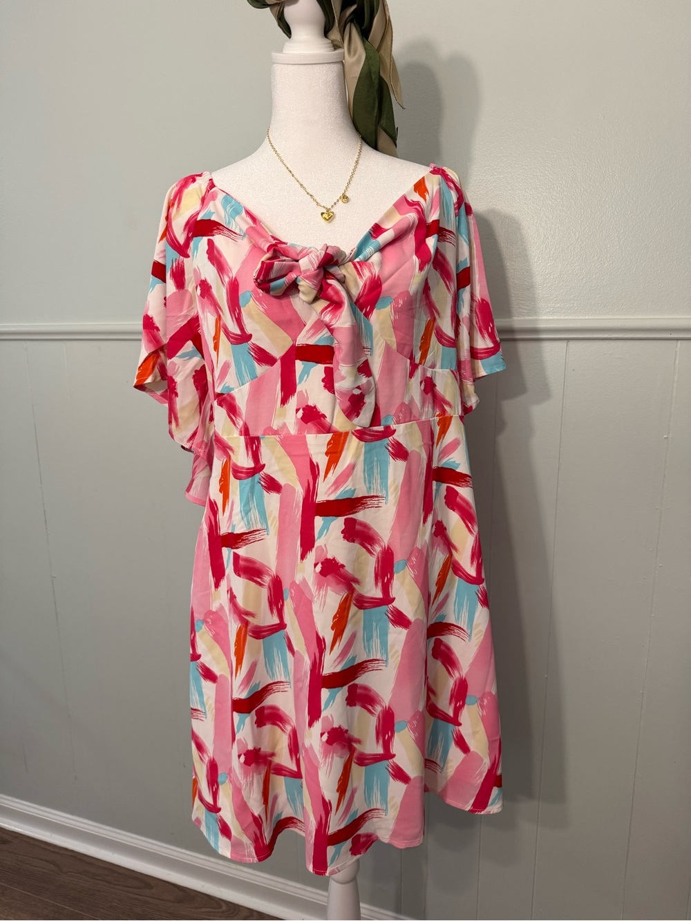 Pink Multicolor Brushstroke Tie-Front Women’s Dress size XL